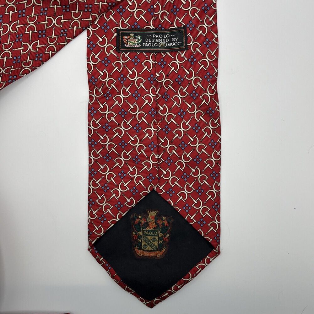 PAOLO GUCCI TIE Vintage Designer Men’s Silk Necktie Red Blue Iconic Horsebit